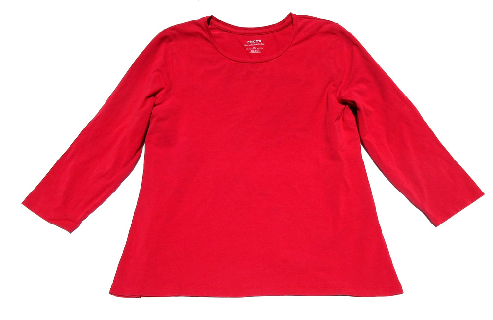 CHICOS 1 Women's Medium The Ultimate Tee Stretch Roundneck ¾ sleeve Pink Shirt M